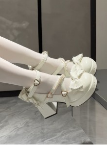 Retro Elegant Bowknot Pearl Bracelet Heart Shape Metal Buckle Sweet Lolita Round Toe Chunky Heel Leather Shoes