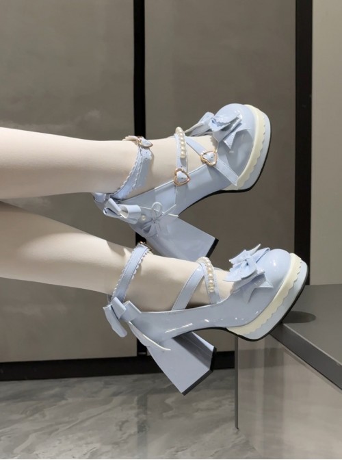 Retro Elegant Bowknot Pearl Bracelet Heart Shape Metal Buckle Sweet Lolita Round Toe Chunky Heel Leather Shoes