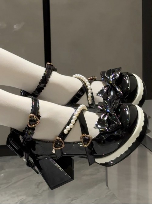 Retro Elegant Bowknot Pearl Bracelet Heart Shape Metal Buckle Sweet Lolita Round Toe Chunky Heel Leather Shoes