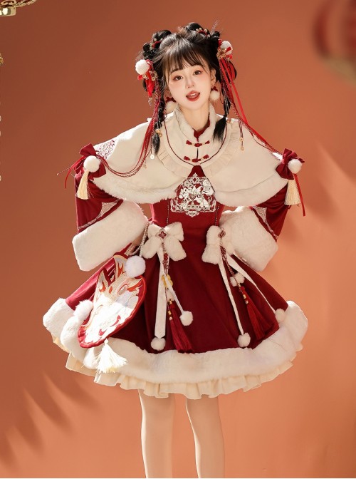 Blessing Pony Series Christmas New Year Red Stand Collar Embroidery Chinese Style Bowknot Pom Sweet Lolita Long Sleeve Dress White Plush Cape Set