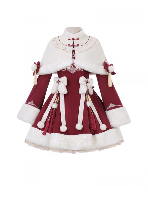 Blessing Pony Series Christmas New Year Red Stand Collar Embroidery Chinese Style Bowknot Pom Sweet Lolita Long Sleeve Dress White Plush Cape Set