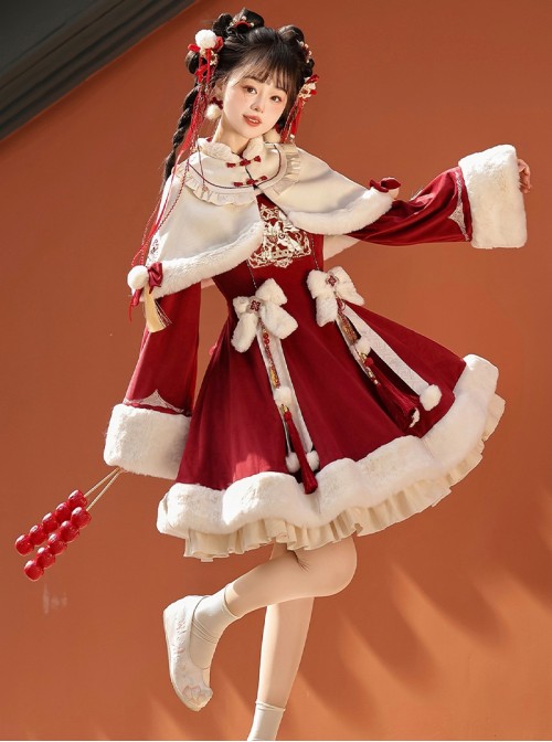 Blessing Pony Series Christmas New Year Red Stand Collar Embroidery Chinese Style Bowknot Pom Sweet Lolita Long Sleeve Dress White Plush Cape Set