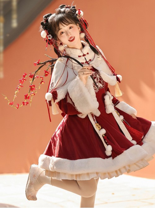 Blessing Pony Series Christmas New Year Red Stand Collar Embroidery Chinese Style Bowknot Pom Sweet Lolita Long Sleeve Dress White Plush Cape Set