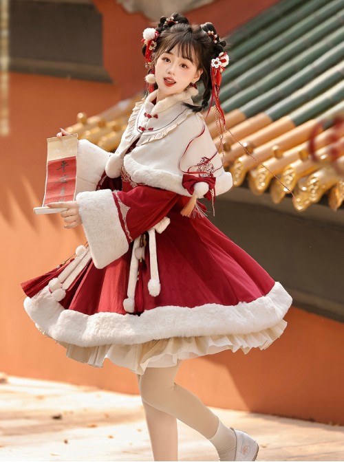 Blessing Pony Series Christmas New Year Red Stand Collar Embroidery Chinese Style Bowknot Pom Sweet Lolita Long Sleeve Dress White Plush Cape Set