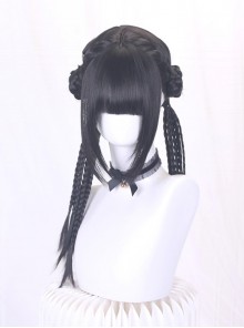 Chinese Style Black Cute Straight Bangs Double Buns Long Multiple Thin Braids Braiding Sweet Lolita Wig