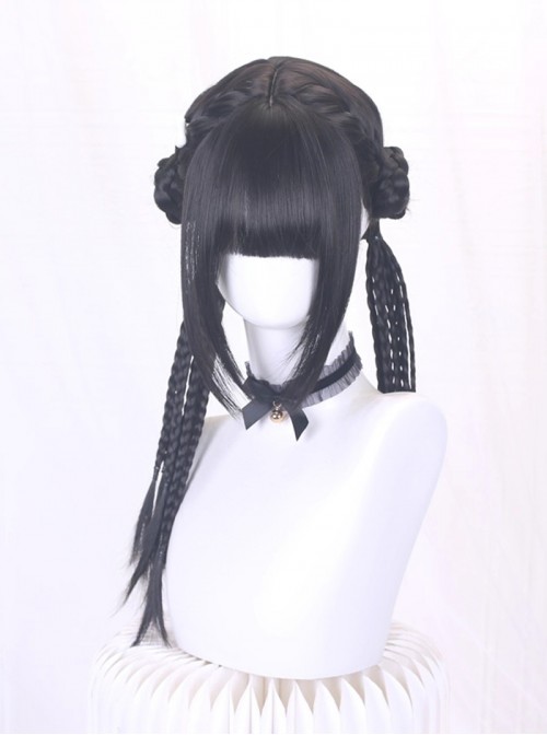 Chinese Style Black Cute Straight Bangs Double Buns Long Multiple Thin Braids Braiding Sweet Lolita Wig