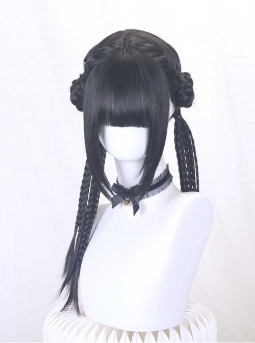 Chinese Style Black Cute Straight Bangs Double Buns Long Multiple Thin Braids Braiding Sweet Lolita Wig