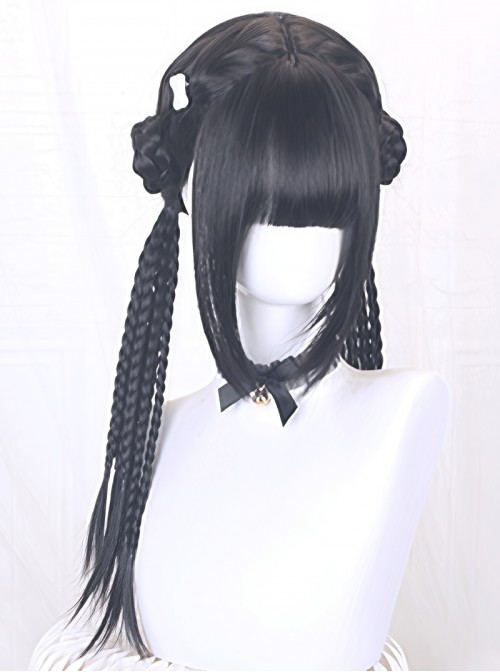 Chinese Style Black Cute Straight Bangs Double Buns Long Multiple Thin Braids Braiding Sweet Lolita Wig