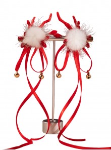 Chinese Style Red Cute Deer Antler Gem Ribbon Bell Pom Pom Decoration Sweet Lolita Tassel Hairpin