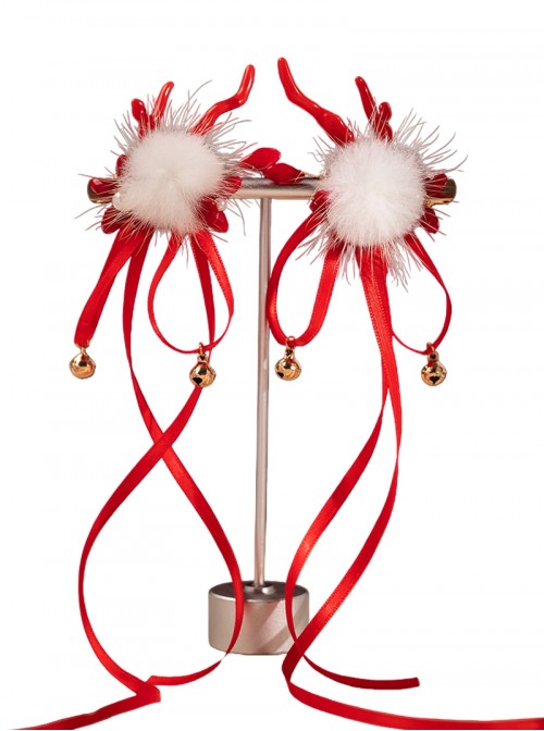 Chinese Style Red Cute Deer Antler Gem Ribbon Bell Pom Pom Decoration Sweet Lolita Tassel Hairpin