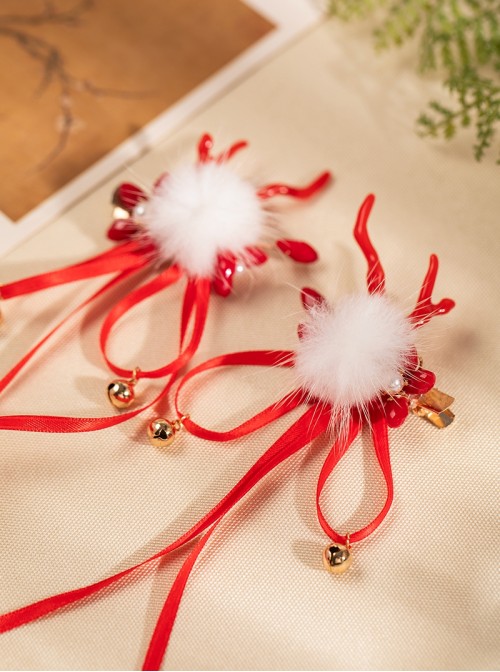 Chinese Style Red Cute Deer Antler Gem Ribbon Bell Pom Pom Decoration Sweet Lolita Tassel Hairpin