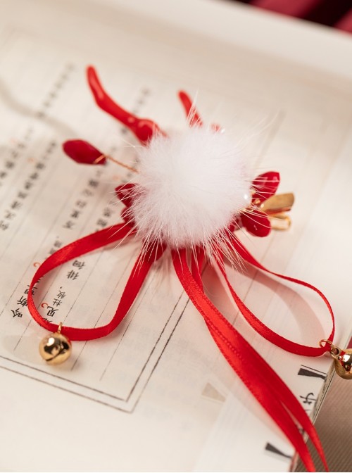 Chinese Style Red Cute Deer Antler Gem Ribbon Bell Pom Pom Decoration Sweet Lolita Tassel Hairpin