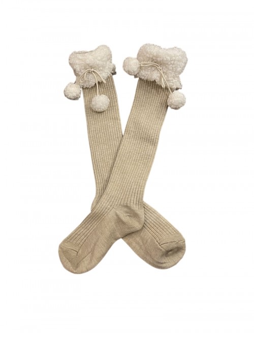 Christmas New Year Cute Japanese Style Lamb Wool Pom Pom Warm Bowknot Sweet Lolita Mid Calf Socks