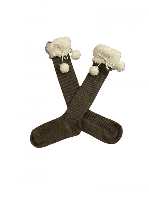 Christmas New Year Cute Japanese Style Lamb Wool Pom Pom Warm Bowknot Sweet Lolita Mid Calf Socks