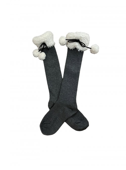 Christmas New Year Cute Japanese Style Lamb Wool Pom Pom Warm Bowknot Sweet Lolita Mid Calf Socks