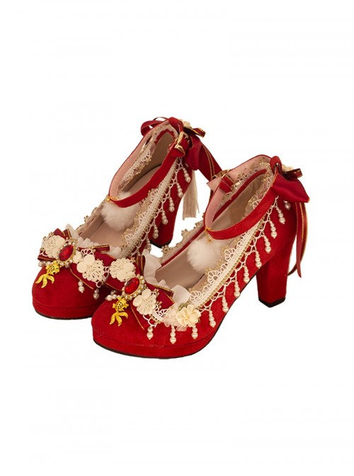 Chinese Doll Series Red Chinese Style Exquisite Floral Lacepearl Tassels Gold Fish Decorations Sweet Lolita High Heels