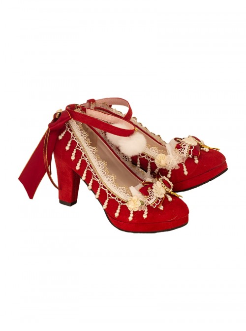 Chinese Doll Series Red Chinese Style Exquisite Floral Lacepearl Tassels Gold Fish Decorations Sweet Lolita High Heels