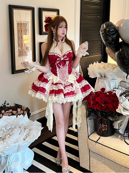 Love Heiress Series Christmas Cute Bowknot Lace Pearl Gemstones Decoration Ruffle Hem Sweet Lolita Sleeveless Dress