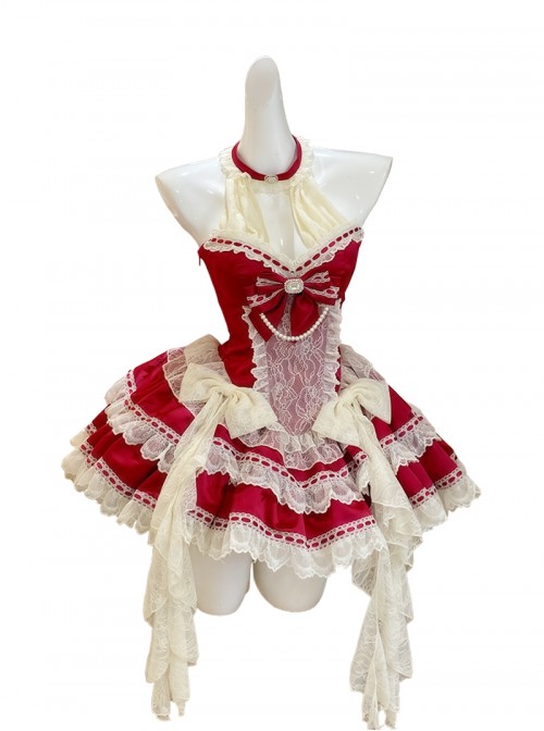 Love Heiress Series Christmas Cute Bowknot Lace Pearl Gemstones Decoration Ruffle Hem Sweet Lolita Sleeveless Dress