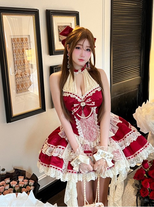 Love Heiress Series Christmas Cute Bowknot Lace Pearl Gemstones Decoration Ruffle Hem Sweet Lolita Sleeveless Dress