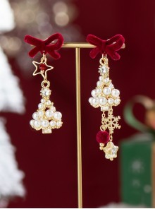 Christmas Red Velvet Bowknot Pearl String Christmas Tree Snowflake Star Decoration Sweet Lolita Earrings