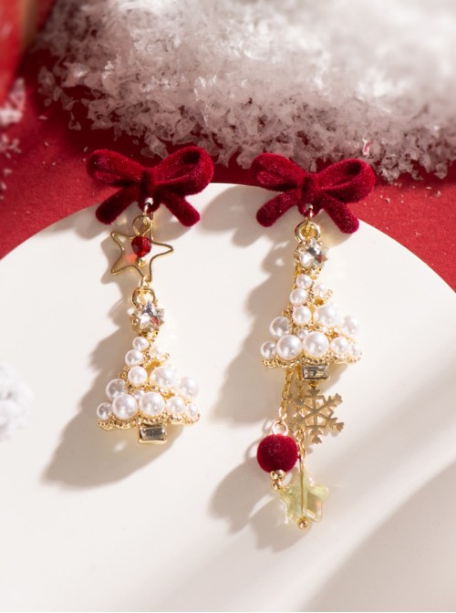 Christmas Red Velvet Bowknot Pearl String Christmas Tree Snowflake Star Decoration Sweet Lolita Earrings
