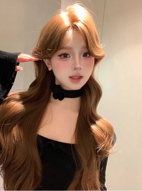 Zhaohe Series Korean Caramel Warm Brown Elegant Mid Split Bangs Natural Sweet Lolita Long Large Curly Wig