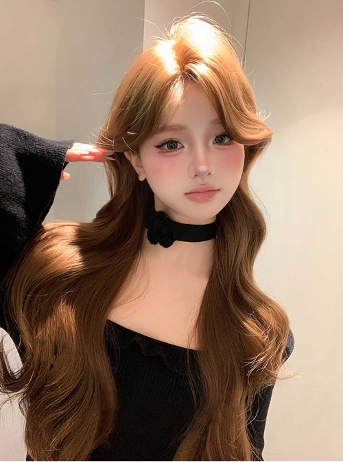 Zhaohe Series Korean Caramel Warm Brown Elegant Mid Split Bangs Natural Sweet Lolita Long Large Curly Wig