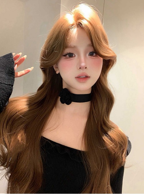 Zhaohe Series Korean Caramel Warm Brown Elegant Mid Split Bangs Natural Sweet Lolita Long Large Curly Wig