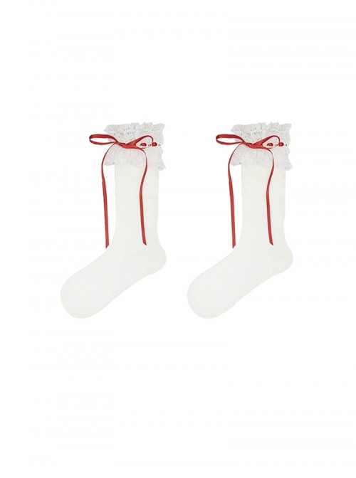 Cute Versatile Daily Soft Cotton Milk White Lace Bowknot Ribbon Sweet Lolita Mid Calf Socks