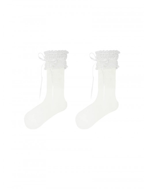 Cute Versatile Daily Soft Cotton Milk White Lace Bowknot Ribbon Sweet Lolita Mid Calf Socks