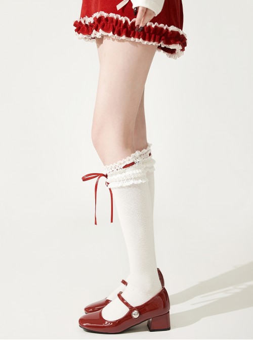 Cute Versatile Daily Soft Cotton Milk White Lace Bowknot Ribbon Sweet Lolita Mid Calf Socks