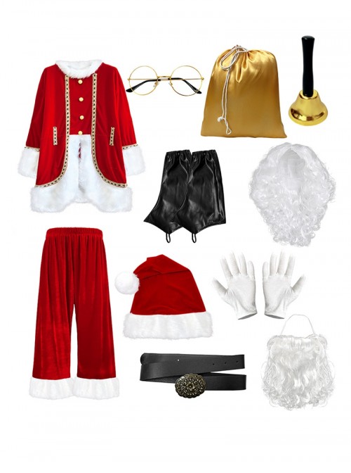 Original Christmas Series Halloween Cosplay Christmas Santa Claus Red Velvet White Plush Golden Trim Costume Full Set