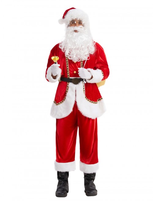 Original Christmas Series Halloween Cosplay Christmas Santa Claus Red Velvet White Plush Golden Trim Costume Full Set