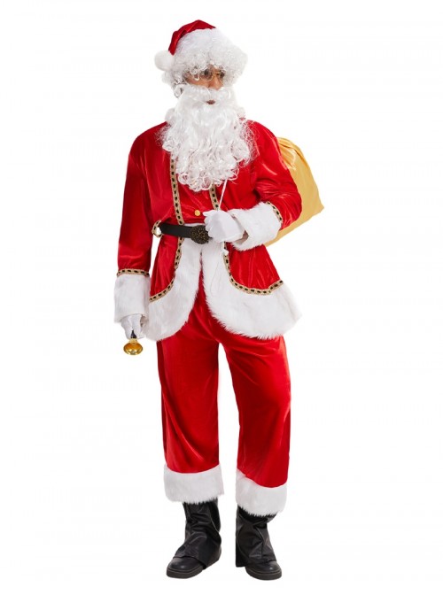 Original Christmas Series Halloween Cosplay Christmas Santa Claus Red Velvet White Plush Golden Trim Costume Full Set
