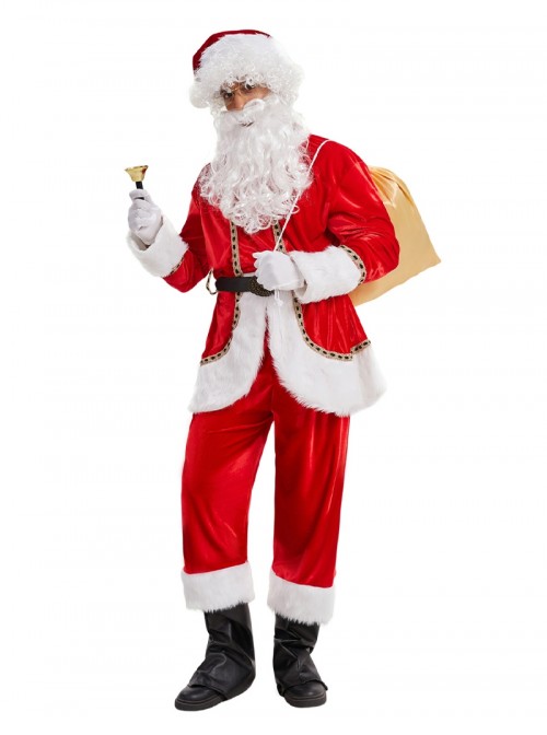 Original Christmas Series Halloween Cosplay Christmas Santa Claus Red Velvet White Plush Golden Trim Costume Full Set