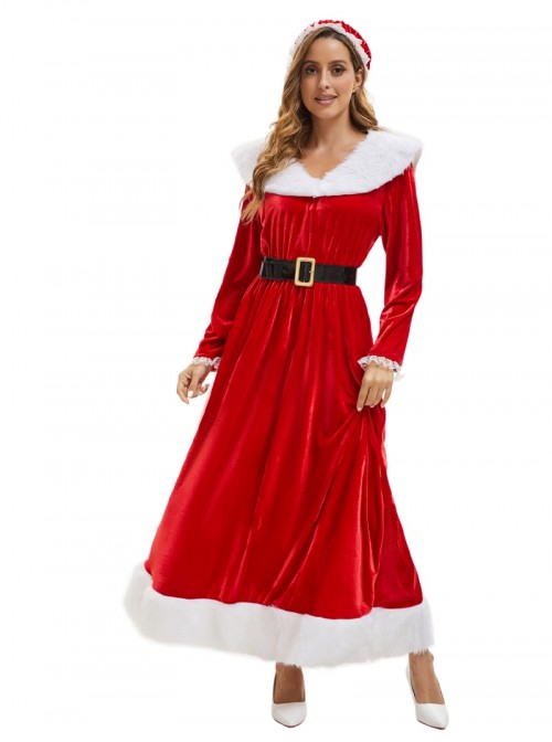 Original Christmas Series Halloween Cosplay Red Velvet Christmas Holiday Party Dress Costume Round Hat Belt Set