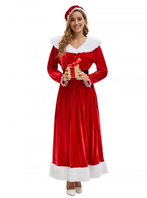 Original Christmas Series Halloween Cosplay Red Velvet Christmas Holiday Party Dress Costume Round Hat Belt Set