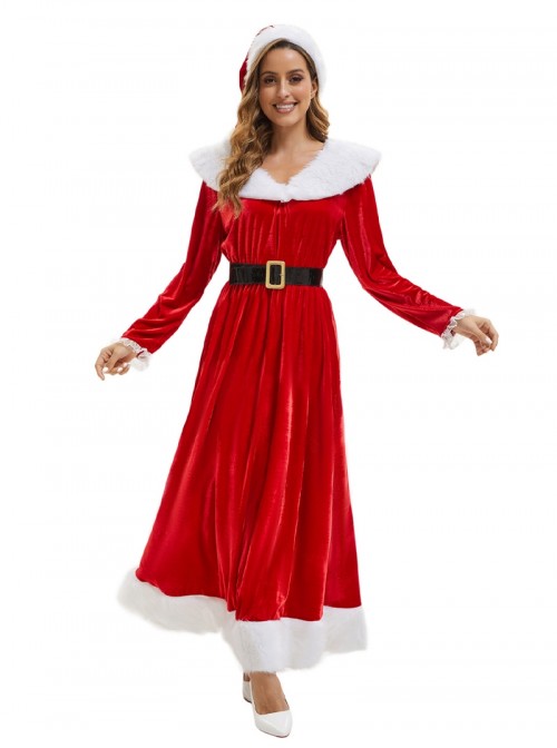 Original Christmas Series Halloween Cosplay Elegant Red Velvet Christmas Holiday Party Dress Costume Round Hat Belt Set