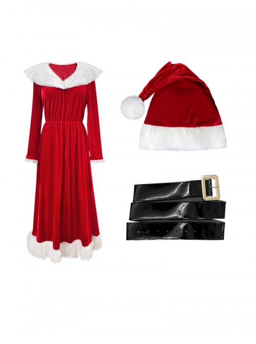 Original Christmas Series Halloween Cosplay Elegant Red Velvet Christmas Holiday Party Dress Costume Round Hat Belt Set