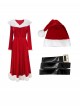Original Christmas Series Halloween Cosplay Elegant Red Velvet Christmas Holiday Party Dress Costume Round Hat Belt Set