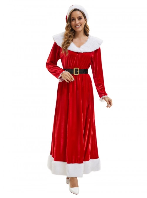 Original Christmas Series Halloween Cosplay Elegant Red Velvet Christmas Holiday Party Dress Costume Round Hat Belt Set