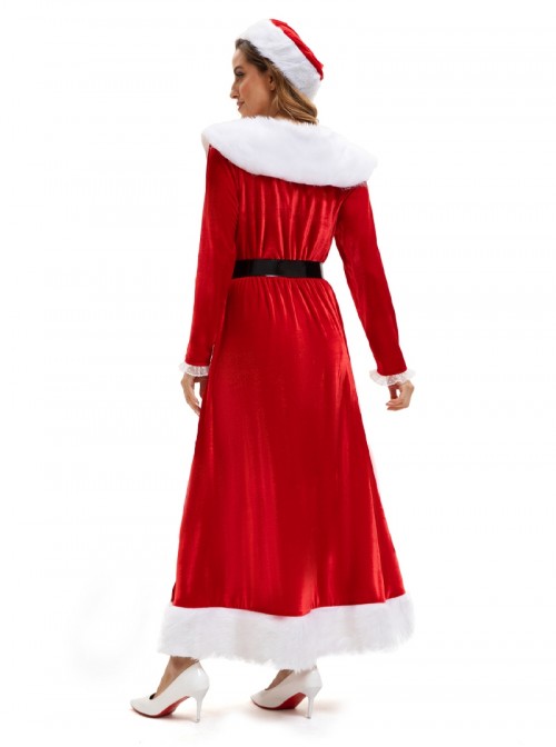 Original Christmas Series Halloween Cosplay Elegant Red Velvet Christmas Holiday Party Dress Costume Round Hat Belt Set
