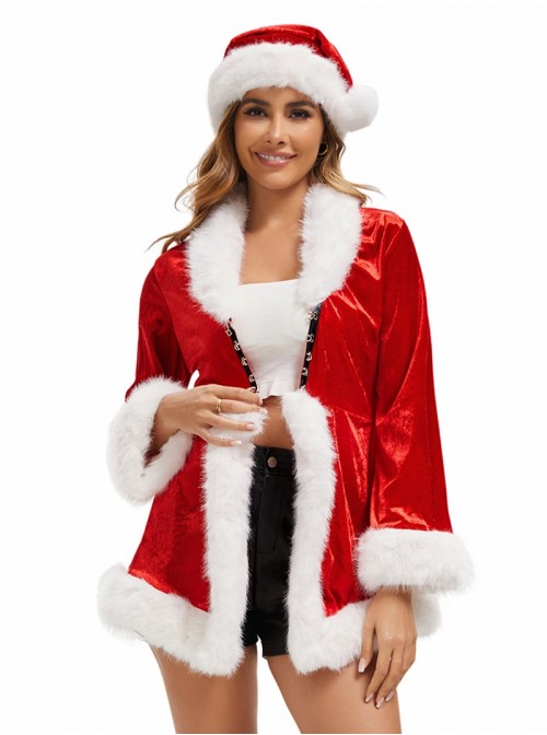 Original Christmas Series Halloween Cosplay Red Christmas Long Sleeve Red Tie Up Dress Costume Ribbon Hat Set