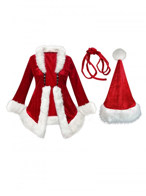 Original Christmas Series Halloween Cosplay Red Christmas Long Sleeve Red Tie Up Dress Costume Ribbon Hat Set