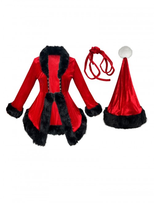 Original Christmas Series Halloween Cosplay Red Christmas Long Sleeve Red Tie Up Dress Costume Ribbon Hat Set