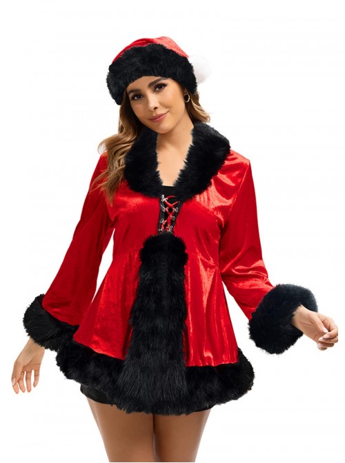 Original Christmas Series Halloween Cosplay Red Christmas Long Sleeve Red Tie Up Dress Costume Ribbon Hat Set