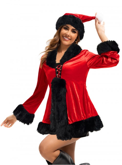 Original Christmas Series Halloween Cosplay Red Christmas Long Sleeve Red Tie Up Dress Costume Ribbon Hat Set
