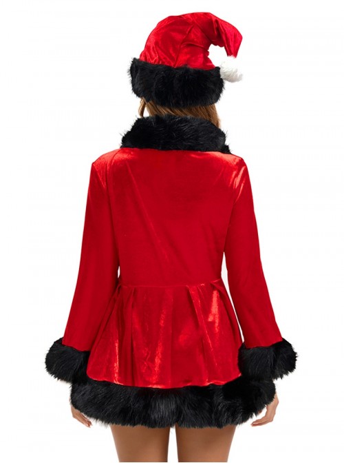 Original Christmas Series Halloween Cosplay Red Christmas Long Sleeve Red Tie Up Dress Costume Ribbon Hat Set