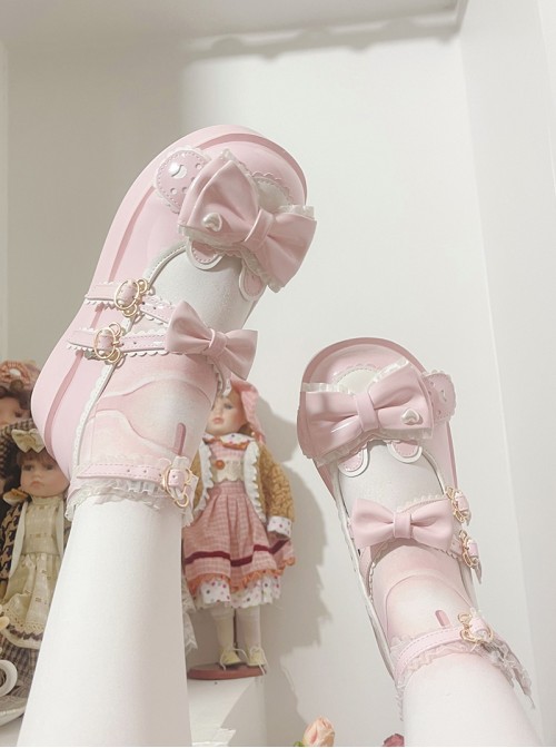 Nostalgic Heart Knot Series Cute Bowknot Lace Heart Shape Buckle Round Toe Sweet Lolita Flat Shoes